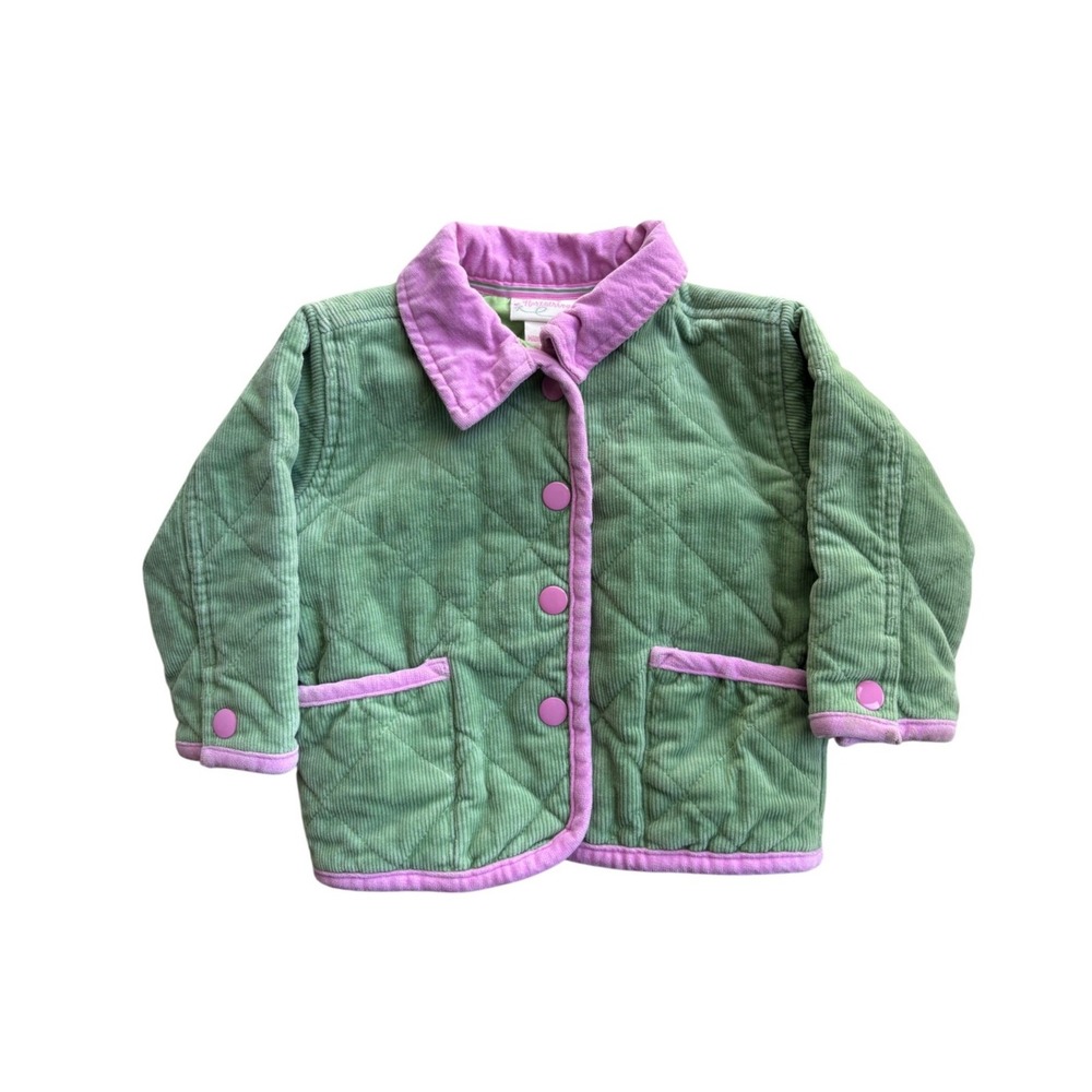 Hartstrings Kid Green Quilted Corduroy Jacket Barn Coat Pink Trim Snap Front 18M